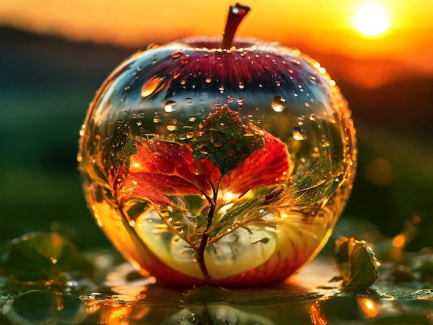 an apple with a green leaf in the water background