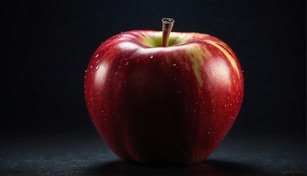 an apple with a green stem and a red apple on the left side