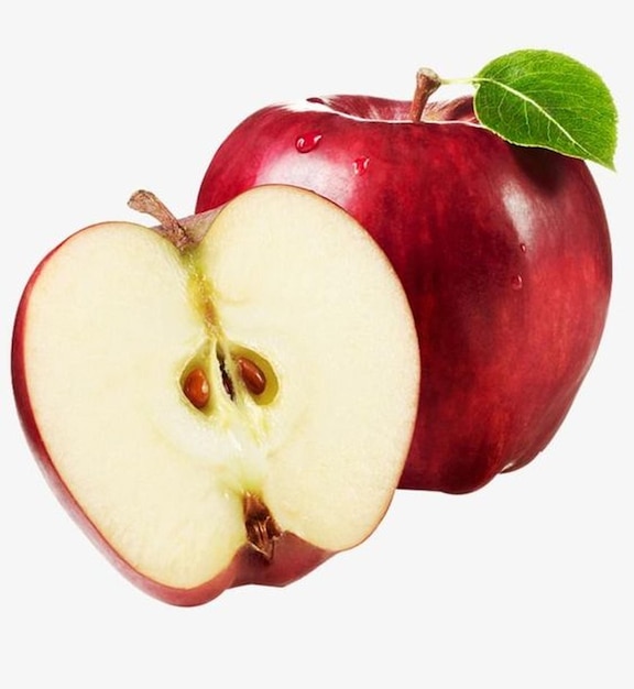 an apple with a leaf on it that is red