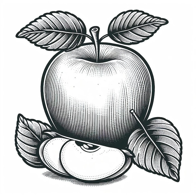 an apple with leaves and leaves on it