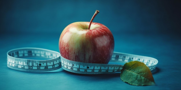 Apple with measuring tape on blue background Weight loss counting calories and healthy eating concept