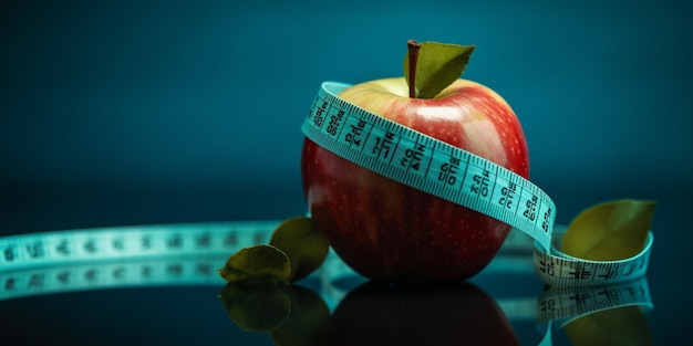 Apple with measuring tape on blue background Weight loss counting calories and healthy eating concept