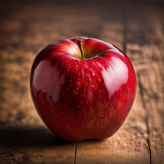 an apple with a red apple on a wooden table