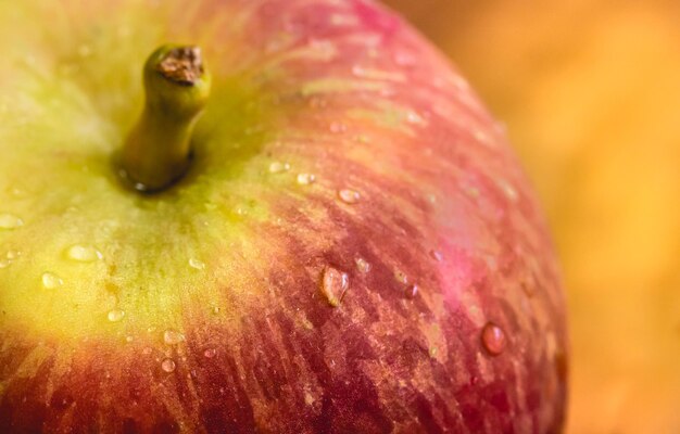 an apple with red coloring with a few drops of water in macro photography