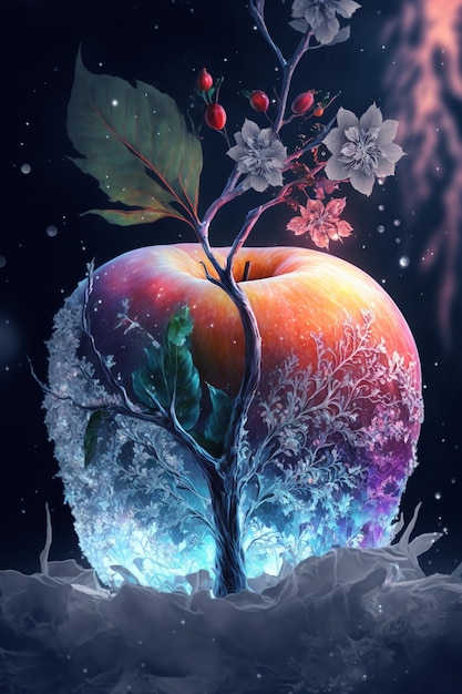 An apple with a tree growing out of it generative ai