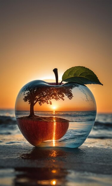 an apple with a tree in it that is in a bowl with water and sky in the background