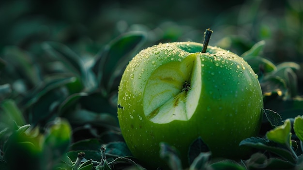 an apple with water droplets on it is in the sun