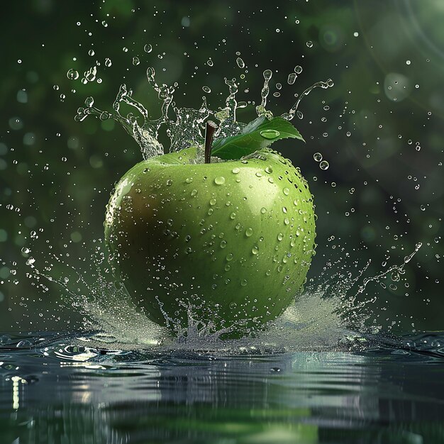 Photo an apple with water drops falling into the air