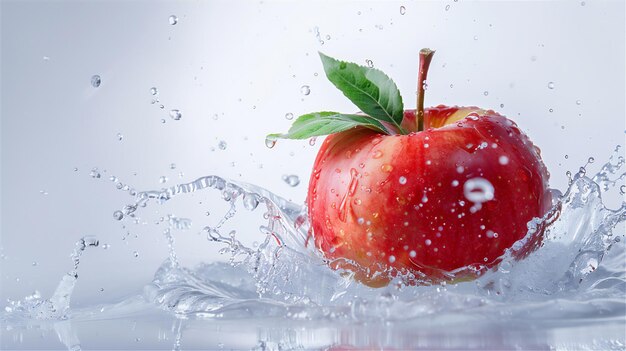 an apple with water drops falling into the air