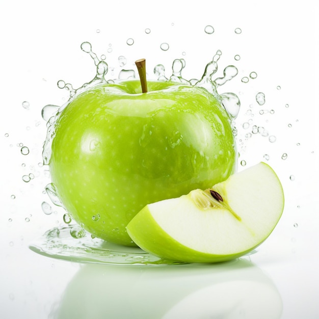 an apple with water drops falling into a glass bowl