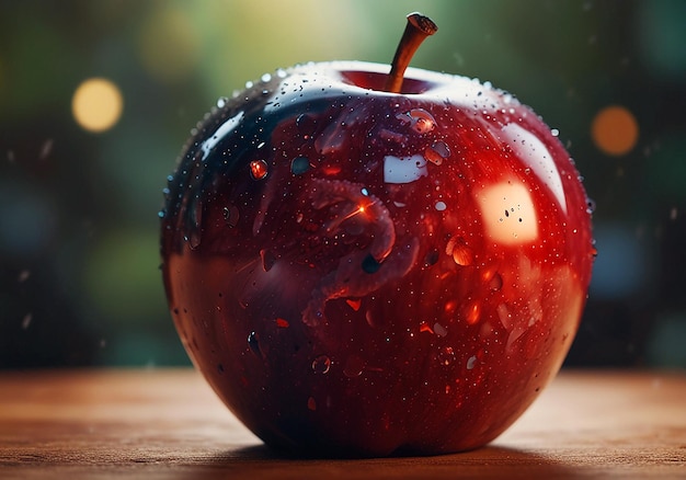 an apple with water drops on it sits on a table