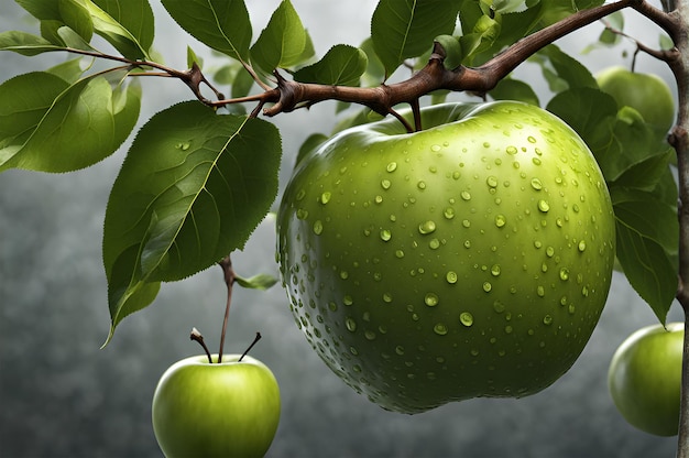 an apple with water drops on it and a tree branch