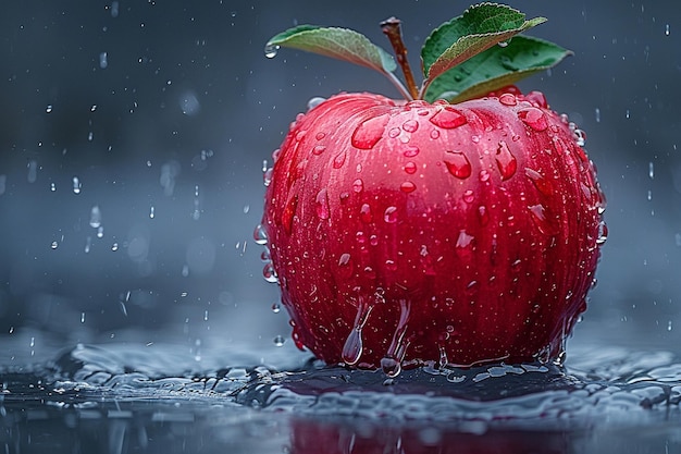 an apple with water drops on it and water drops falling