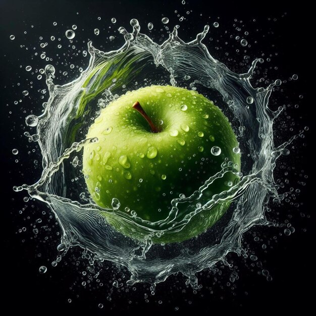 an apple with water drops in it and water splashes around it