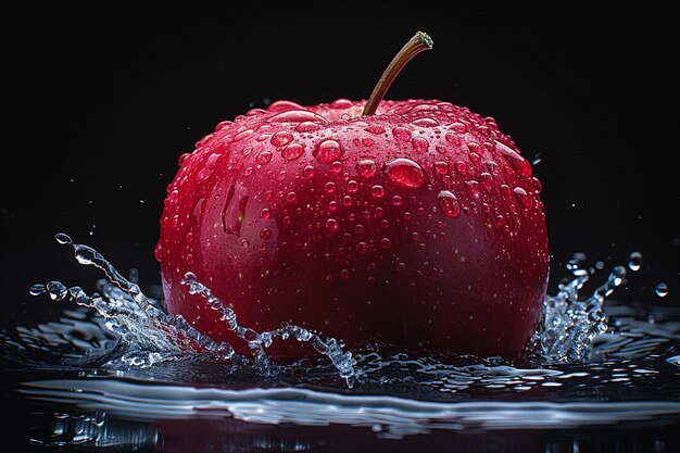 an apple with water splashing in the background