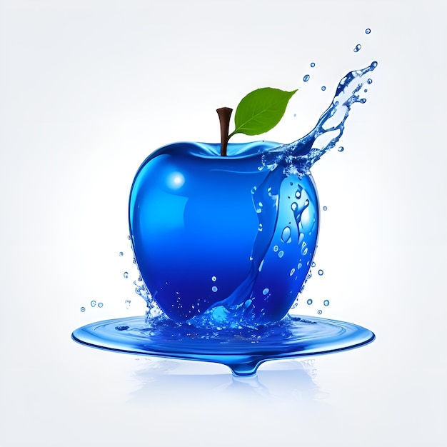 an apple with water splashing on it and a green leaf in the water