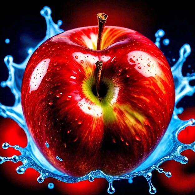 Photo an apple with water splashing in it and the word apple on the bottom