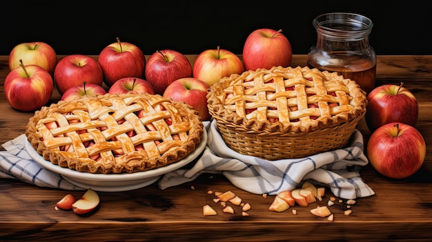 An applefilled pie rests on a table showcasing lattice crust Generative AI