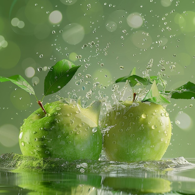 Photo apples are being splashed with water and one has a green apple in the background