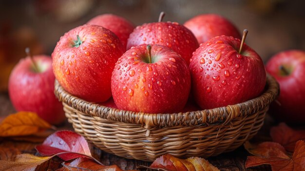 Apples in basket on brown wooden background