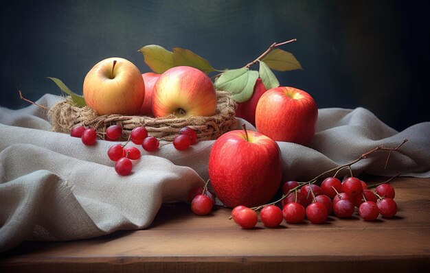 Apples in a basket with berries