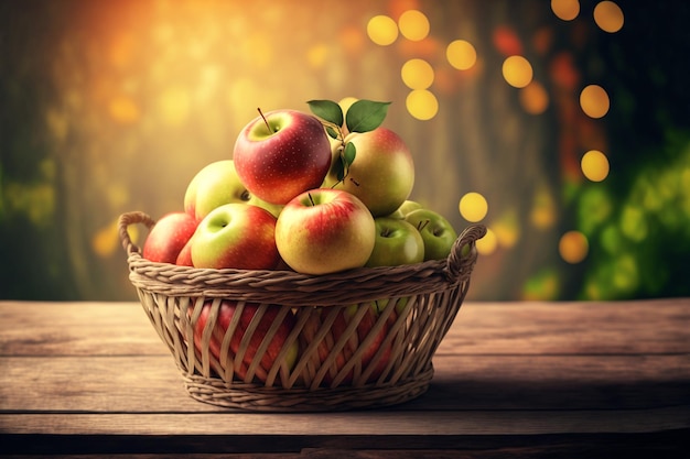 Apples in basket on wooden table over garden bokeh background