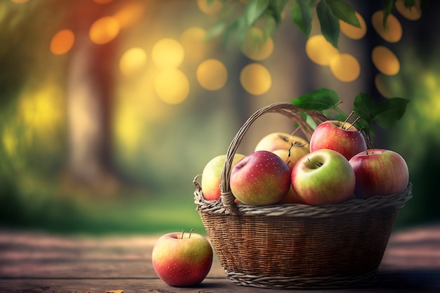 Apples in basket on wooden table over garden bokeh background