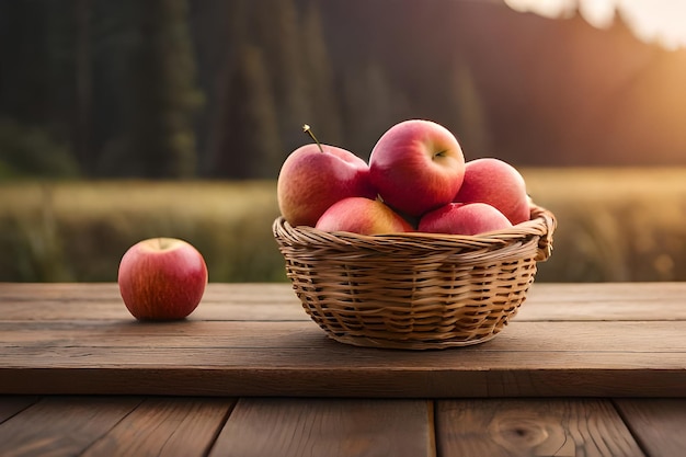 apples in a basket on a wooden table with a lake in the background.