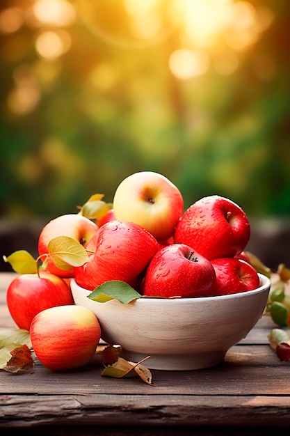 Apples in a bowl against the backdrop of the garden Selective focus