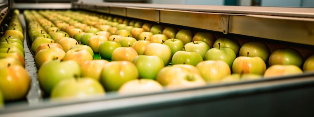 Apples in a food factory clean and fresh ready for automatic packaging Generative AI