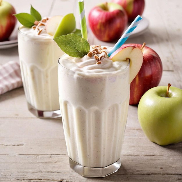 apples and a glass of milk are on a table with apples and a straw