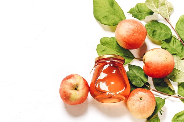 Apples and honey Autumn composition Traditional Jewish holiday New Year Happy Rosh Hashanah