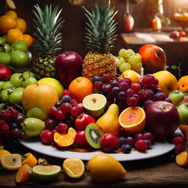 Apples oranges pineapples guavas grapes mangoes juices and other fruits look fresh and healthy