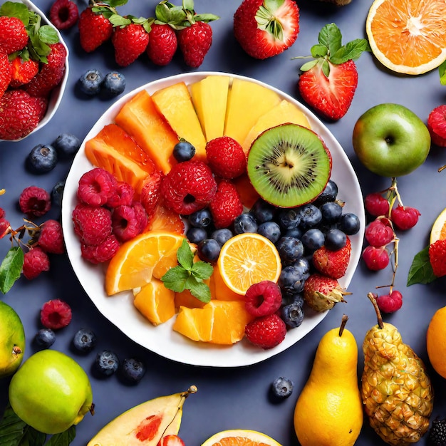 Apples oranges pineapples guavas grapes mangoes juices and other fruits look fresh and healthy