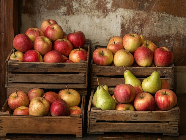 Photo apples and pears in wooden crates against a rustic background