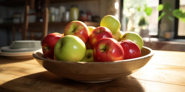 apples in a plate on the kitchen table Generative AI