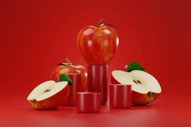 Apples on a Podium on Red Background 3d illustration