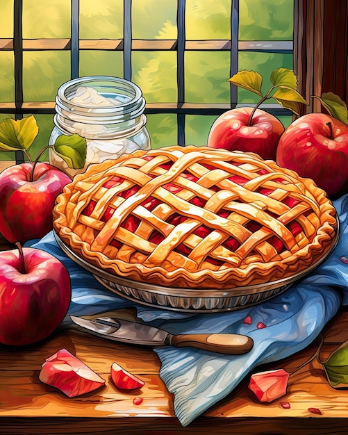 Apples rest beside a table with a latticed crust pie Generative AI