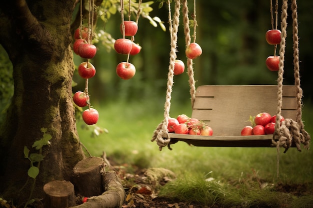 Photo apples on a swing in a garden natural snack fresh fruit apple image photography