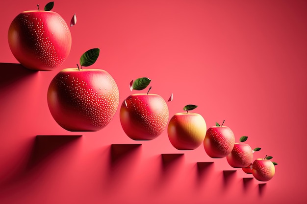 Apples that are red and ripe are arranged in a row with one apple that is flying