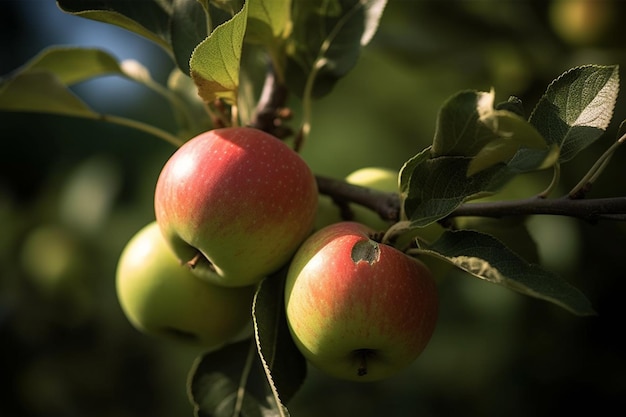 Apples on a tree are green and red.