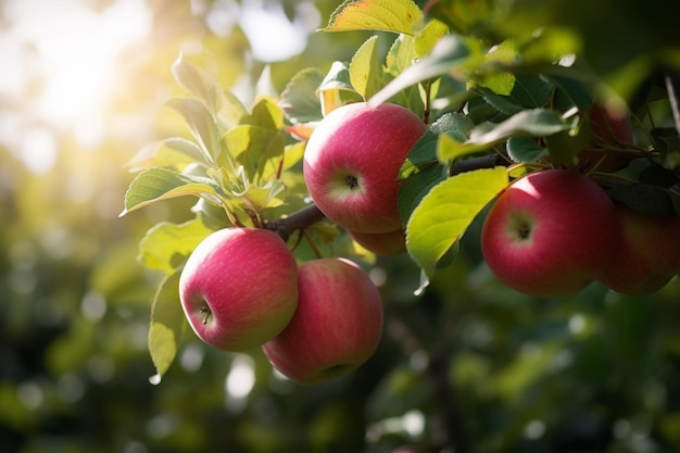 Apples on a tree with the sun shining through the leaves