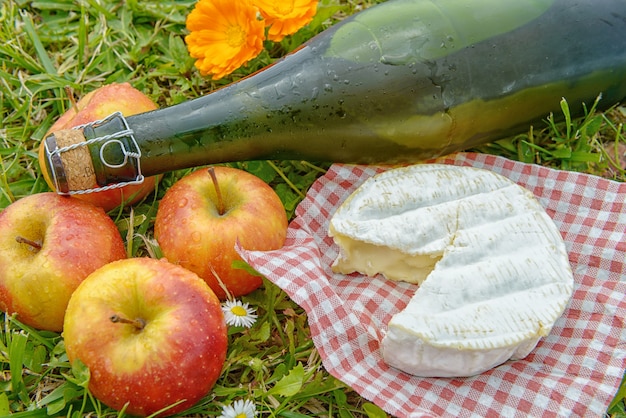 Apples with cider and camembert in the grass