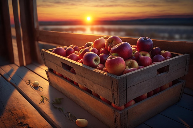 Apples In Wooden Crate On Table At Sunset