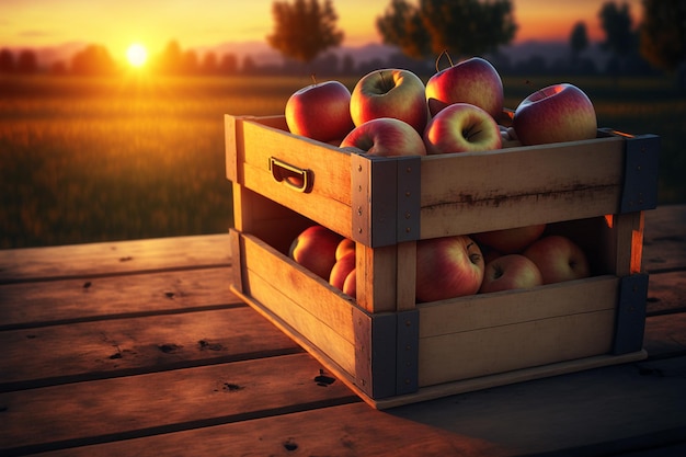 Apples In Wooden Crate On Table At Sunset