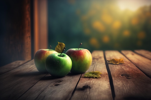 Apples on wooden table over outdoor background