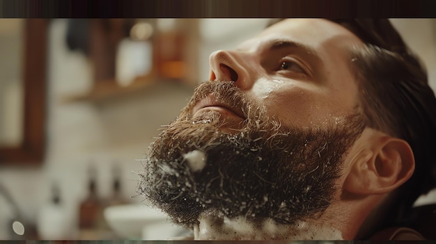 Photo applying foam on the beard barber shop close up