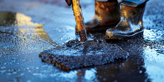 Applying tar sealant on pavement to fix fissures