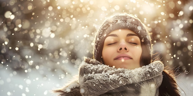 Appreciating the Serene Beauty of Winter A Woman39s Tranquil Exhale Concept Winter Landscapes Snowy Retreats Cozy Moments by the Fireplace Embracing Stillness Winter Wanderlust