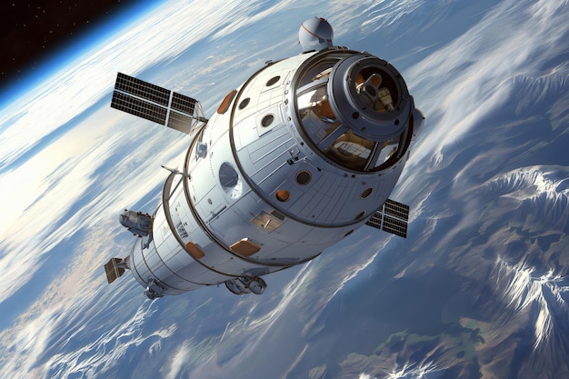 Approaching the space station a spacecraft floats gracefully with earth in the background showcasing the marvels of space travel and technology